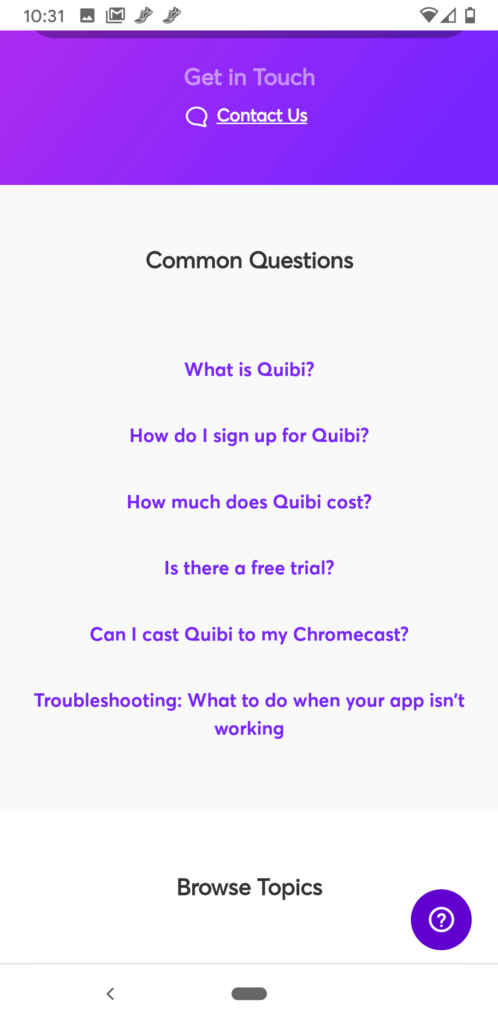 A screenshot of the Customer Support page on Quibi.