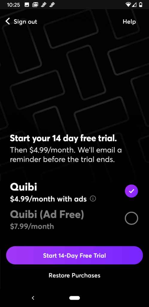 A screenshot of the Free Trial page on Quibi.