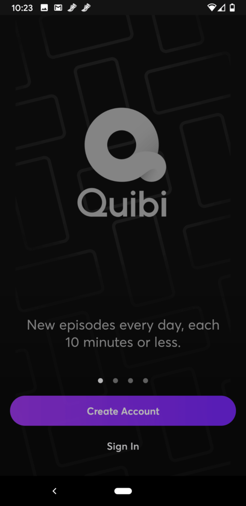 A screenshot of Quibi homescreen.