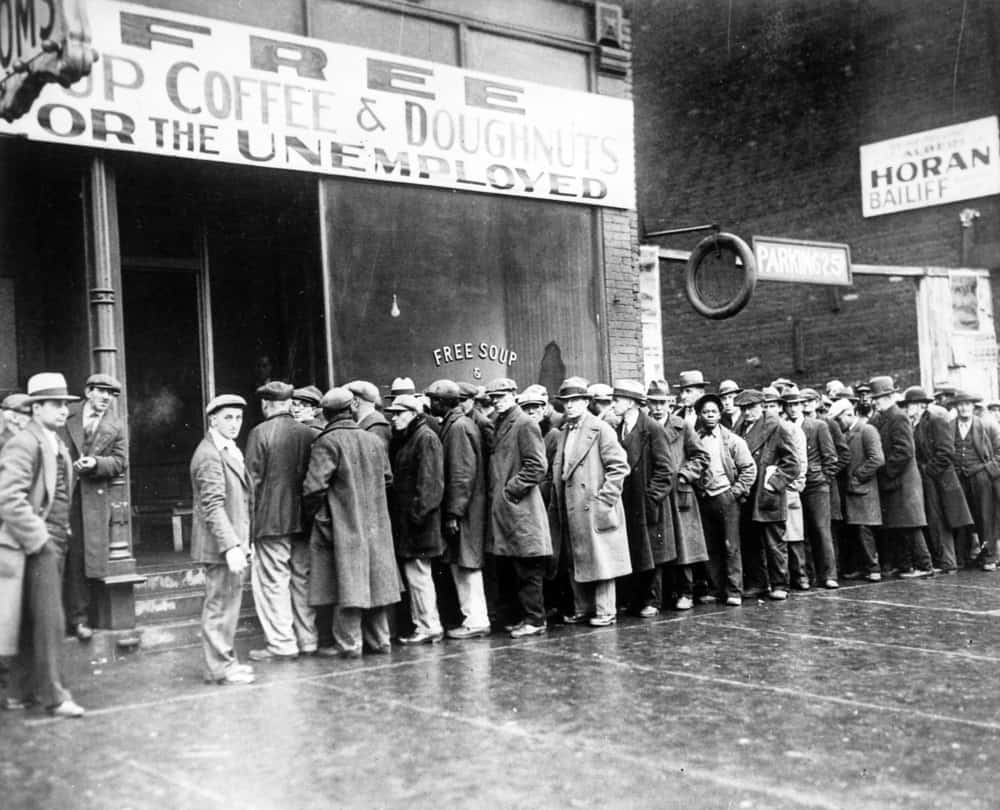 A vintage picture from the great depression showcasing the massive unemployment of America.