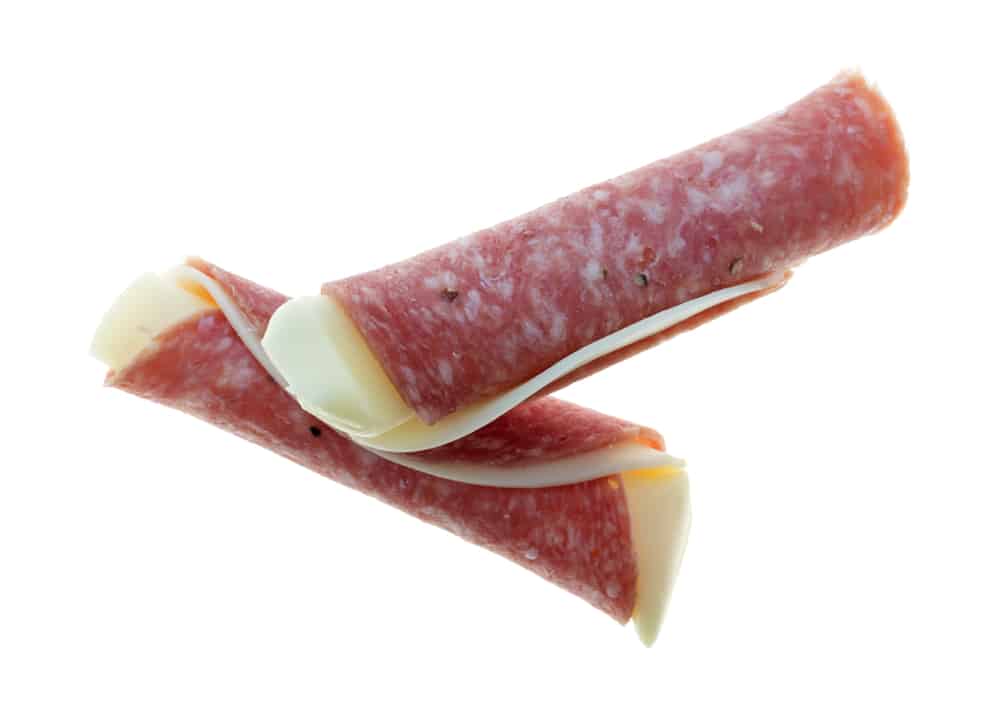 Provolone cheese wrapped in salami slices.