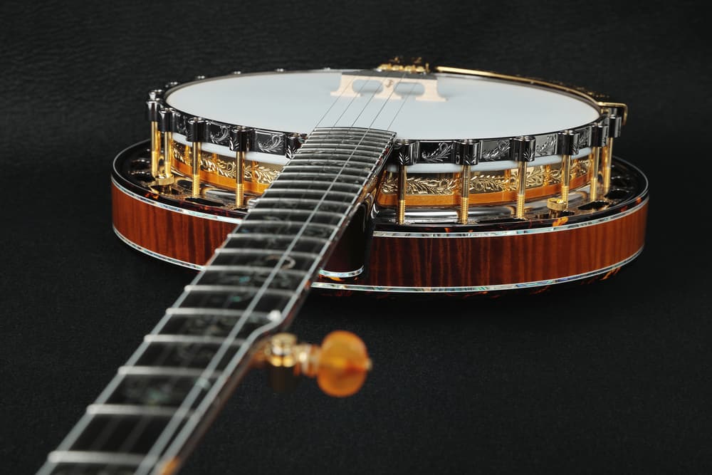 Mahogany banjo inlaid with gold.