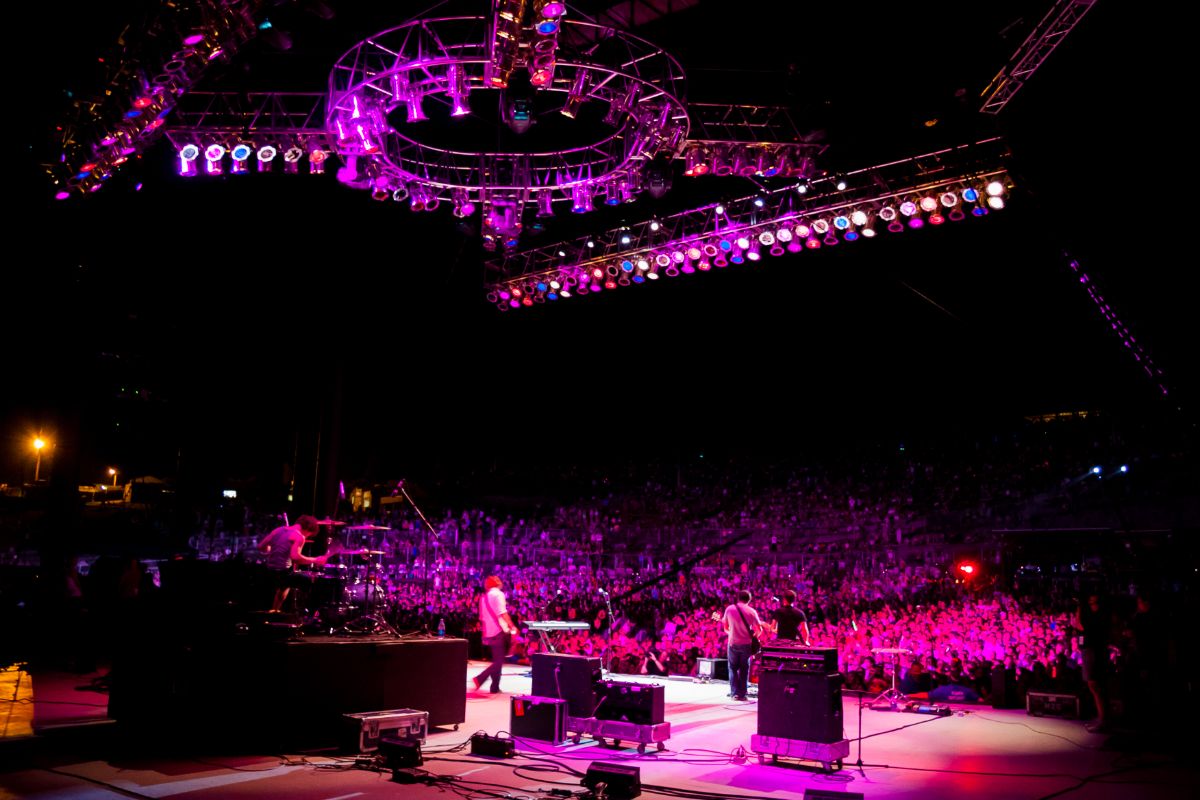 A band helding a concert with a large crowd.